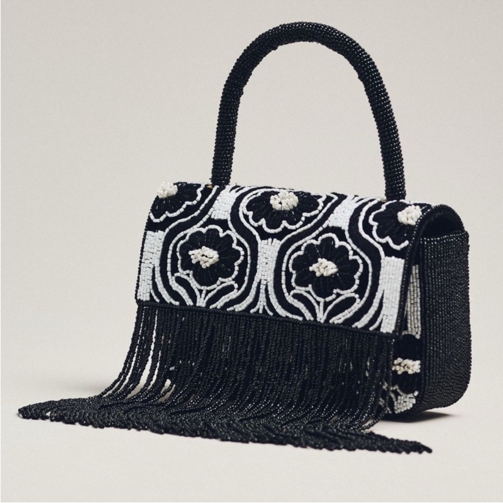 NWT Anthropologie Beaded Fringe Bag in Black & White